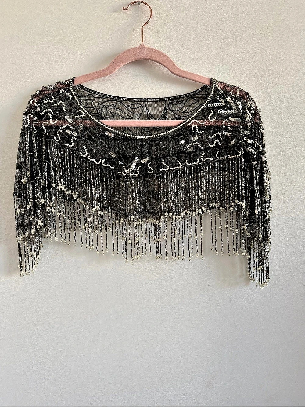 Vintage Sheer Black & Silver beaded Fringe shawl